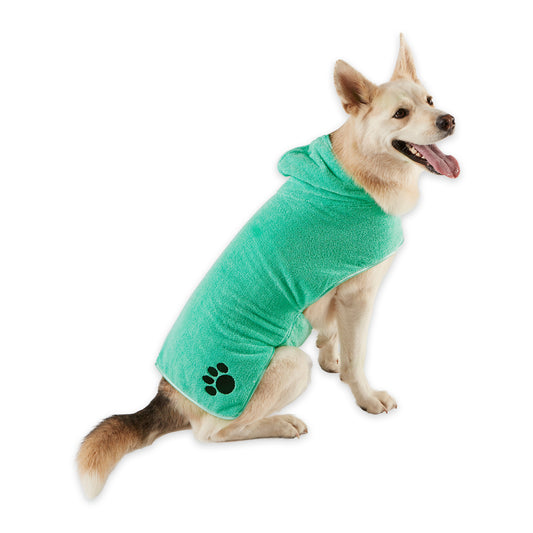 Bone Dry Terry Microfiber Pet Robe, Embroidered Paw Print - Aqua - Large, 35-50 lbs