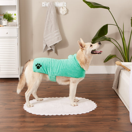 Bone Dry Terry Microfiber Pet Robe, Embroidered Paw Print - Aqua - Large, 35-50 lbs