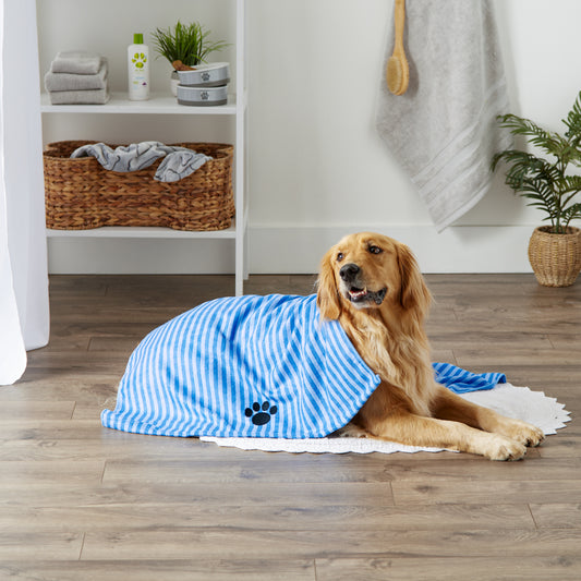 Bone Dry Stripe Pet Towel, Absorbent Microfiber, Blue, Large - 41x23.5"