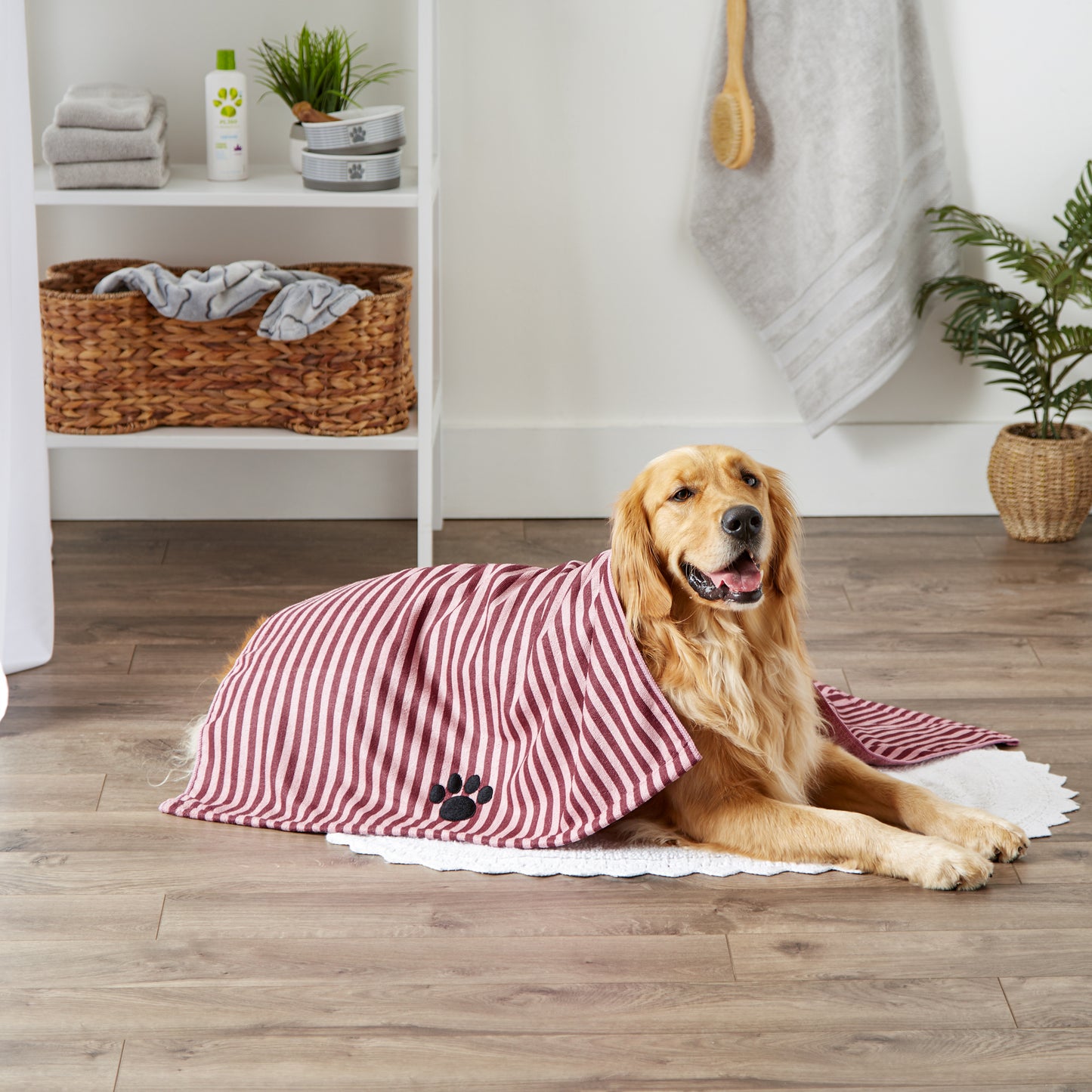 Bone Dry Stripe Pet Towel, Absorbent Microfiber, Cranberry, Large - 41x23.5"