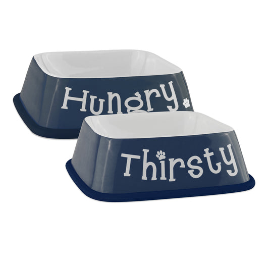 Pet Bowl Hungry/Thirsty Nautical Blue Square Set of 2