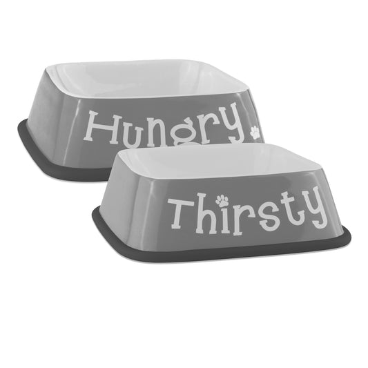 Pet Bowl Hungry/Thirsty Gray Square Set of 2