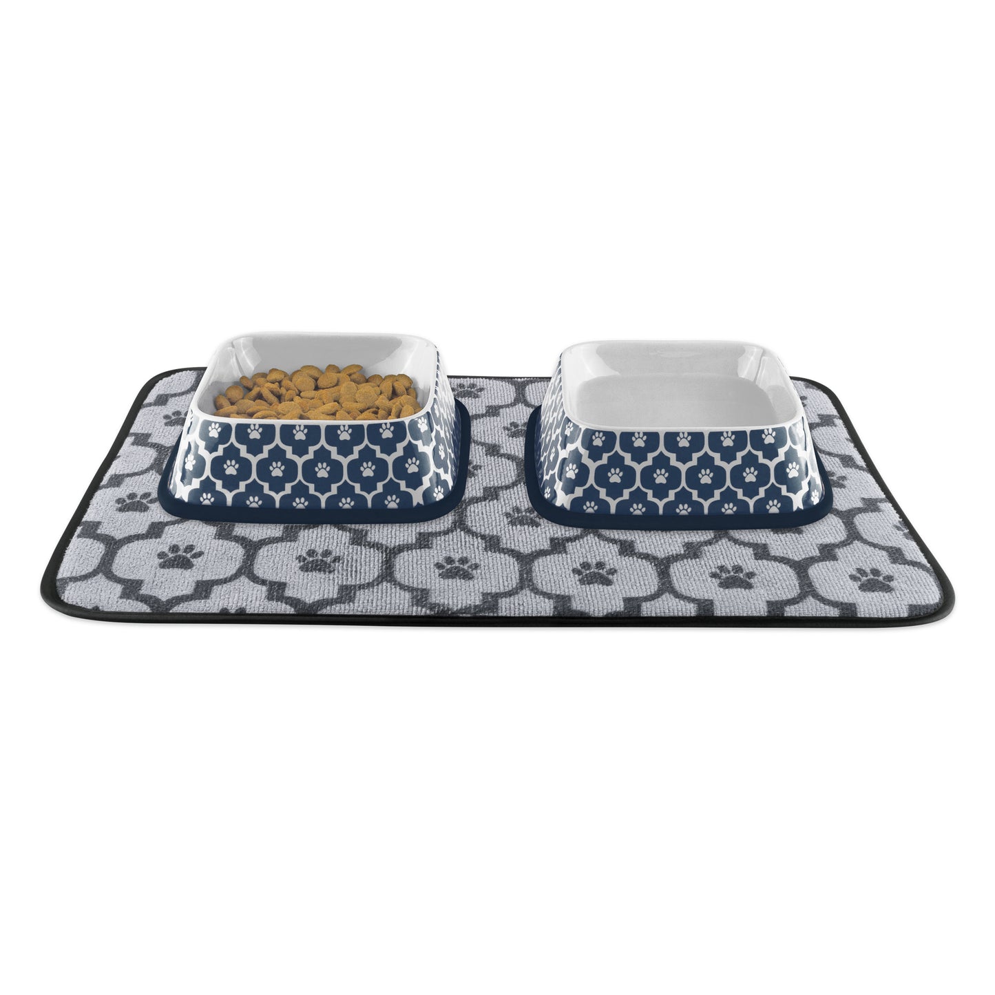 Pet Bowl Paw Lattice Nautical Blue Square Set of 2