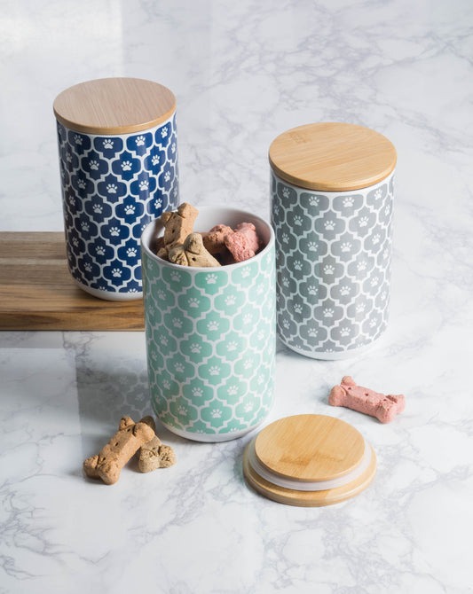 Aqua Paw Lattice Print Ceramic Treat Canister