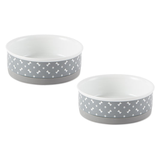 Pet Bowl Tossed Bone & Paw Print Gray Medium 6Dx2H Set of 2