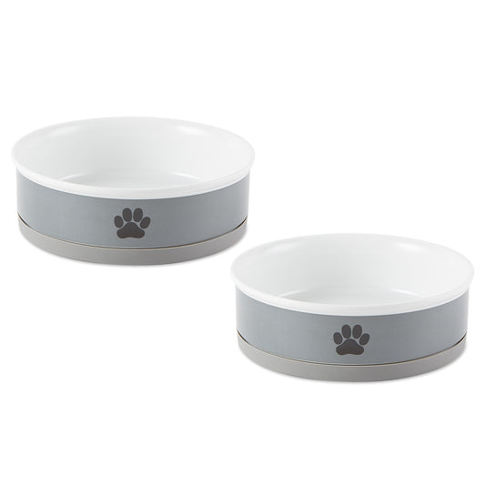 Black Paw Print Gray Pet Bowl Set/2, Large 3.75 C. Capacity