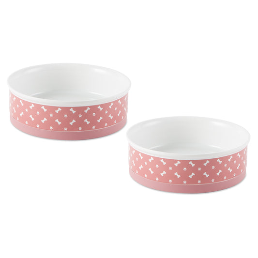 Pet Bowl Tossed Bone & Paw Print Rose Large 7.5Dx2.4H Set of 2