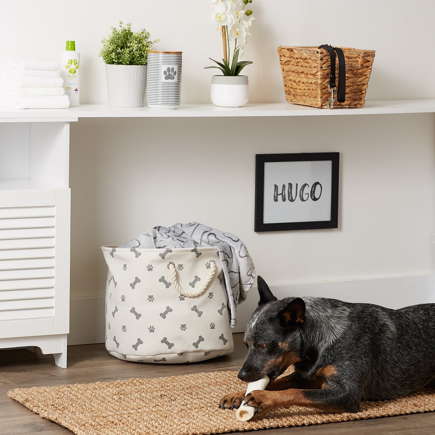 Bone Dry Collapsible Pet Storage Bin, Paw/Bone Print, Gray, Medium Round - 12x15x15"