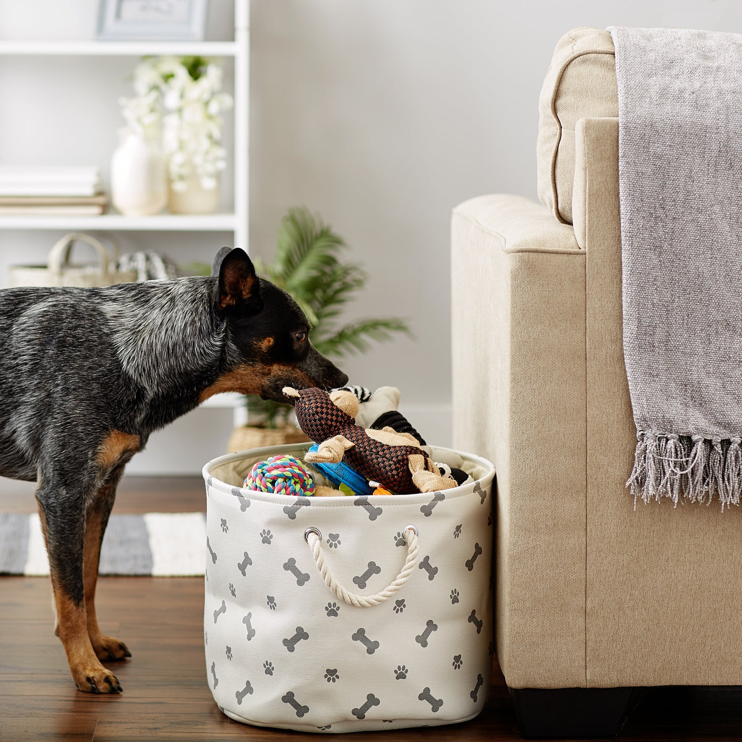 Bone Dry Collapsible Pet Storage Bin, Paw/Bone Print, Gray, Medium Round - 12x15x15"