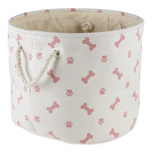 Bone Dry Collapsible Pet Storage Bin, Paw/Bone Print, Rose, Medium Round -12x15x15"