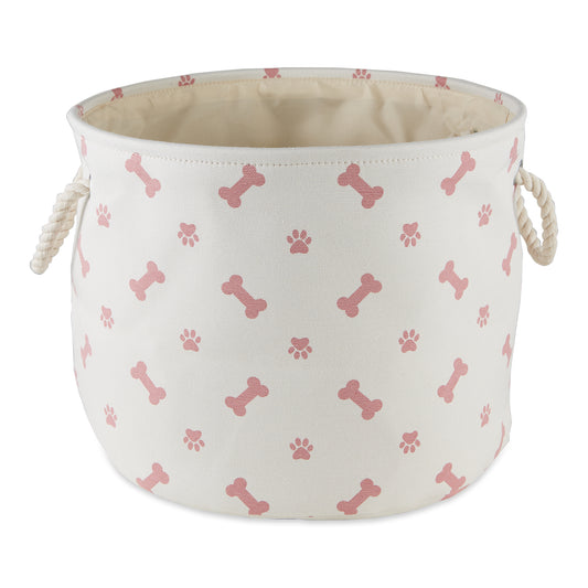 Collapsible Pet Storage Bin, Paw/Bone Print, Rose, Medium Round -12x15x15"