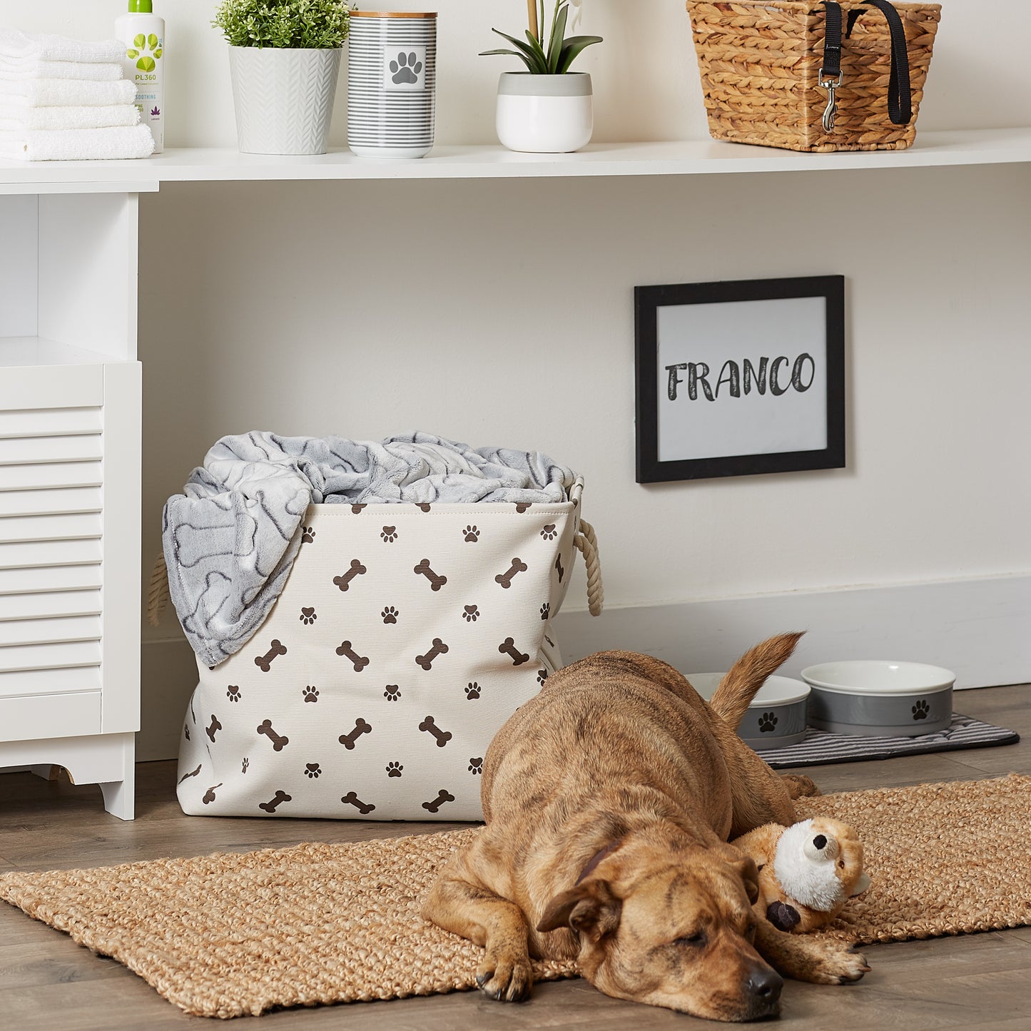 Bone Dry Collapsible Pet Storage Bin, Paw/Bone Print, Dark Brown, Large - 17.5x12x15"