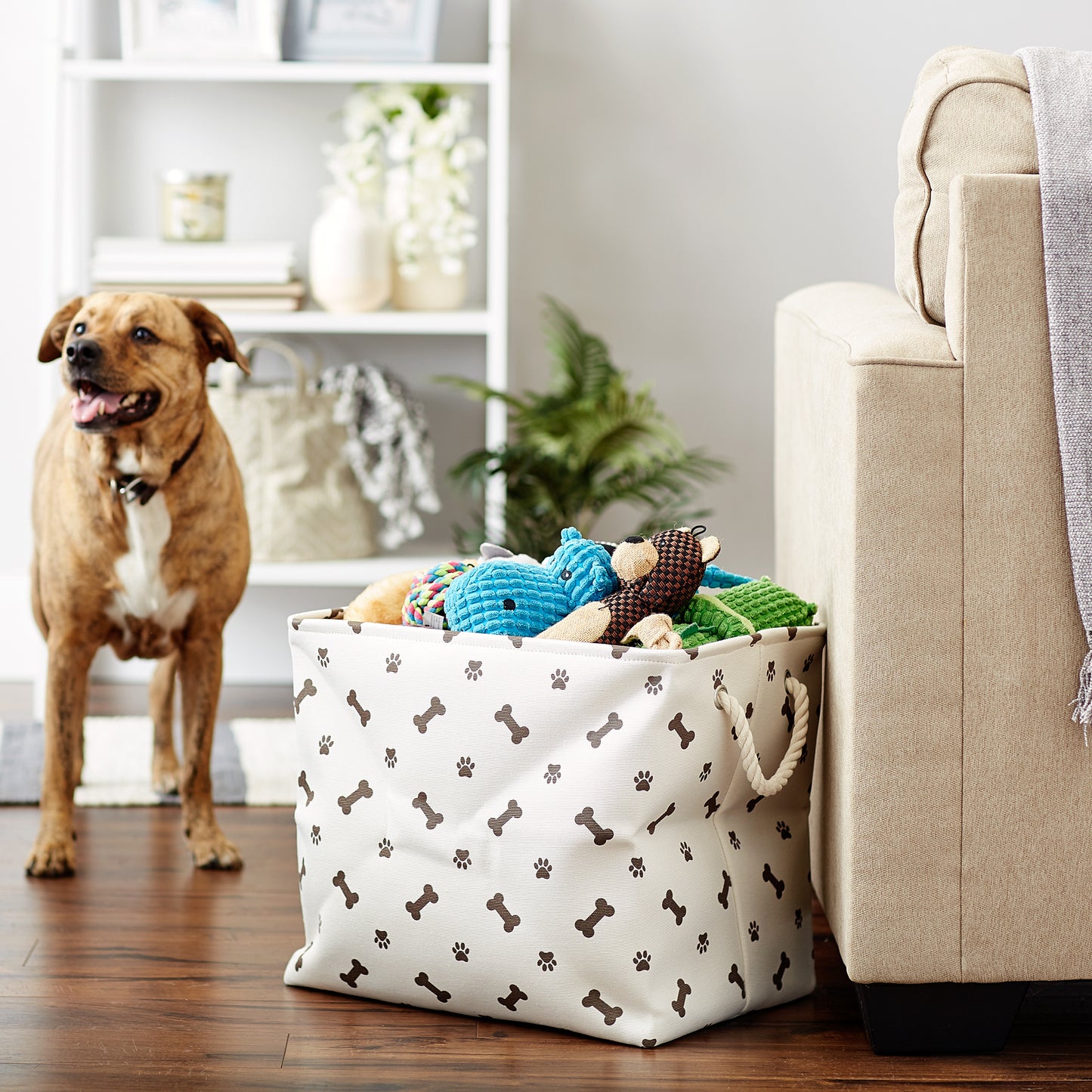 Bone Dry Collapsible Pet Storage Bin, Paw/Bone Print, Dark Brown, Large - 17.5x12x15"