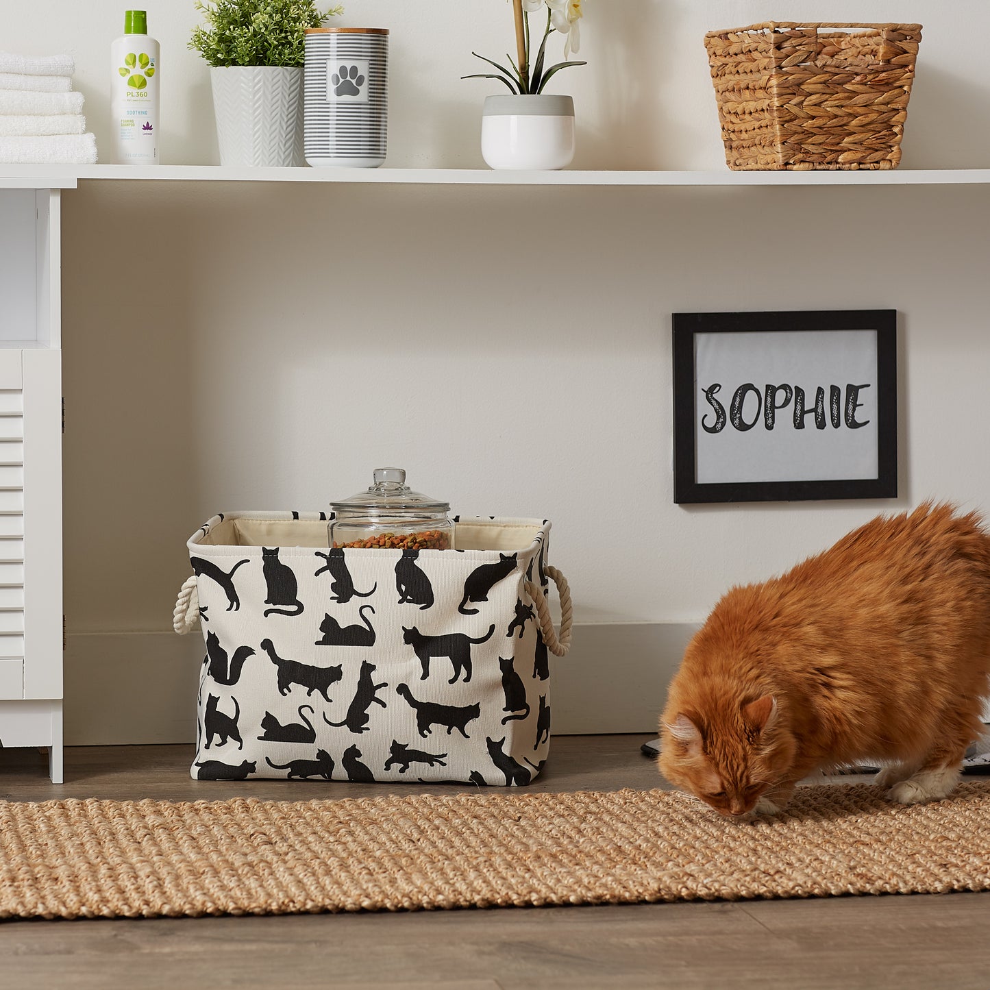 Bone Dry Collapsible Pet Storage Bin, Cat's Meow Print, Black/White, Large - 17.5x12x15"