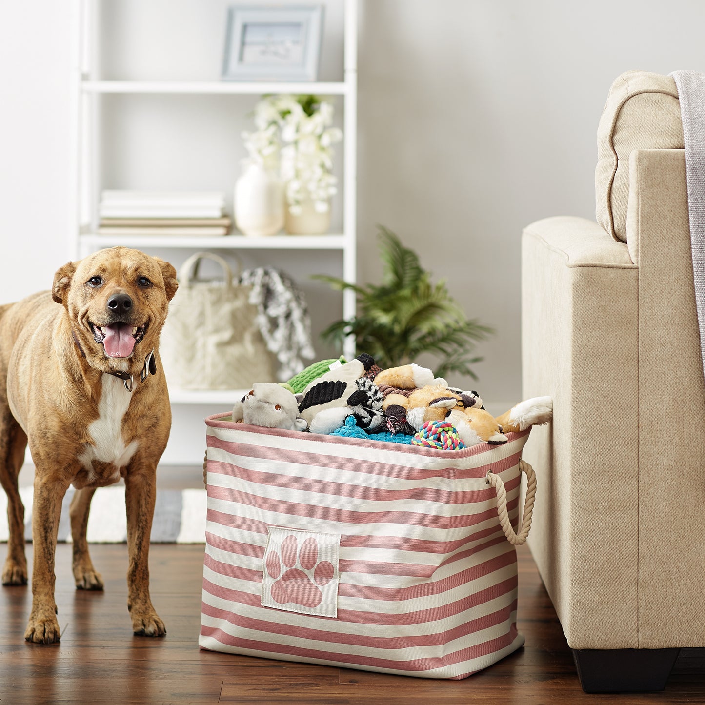 Bone Dry Pet Storage Bin, Striped Paw Patch, Rose, Large - 17.5x12x15"