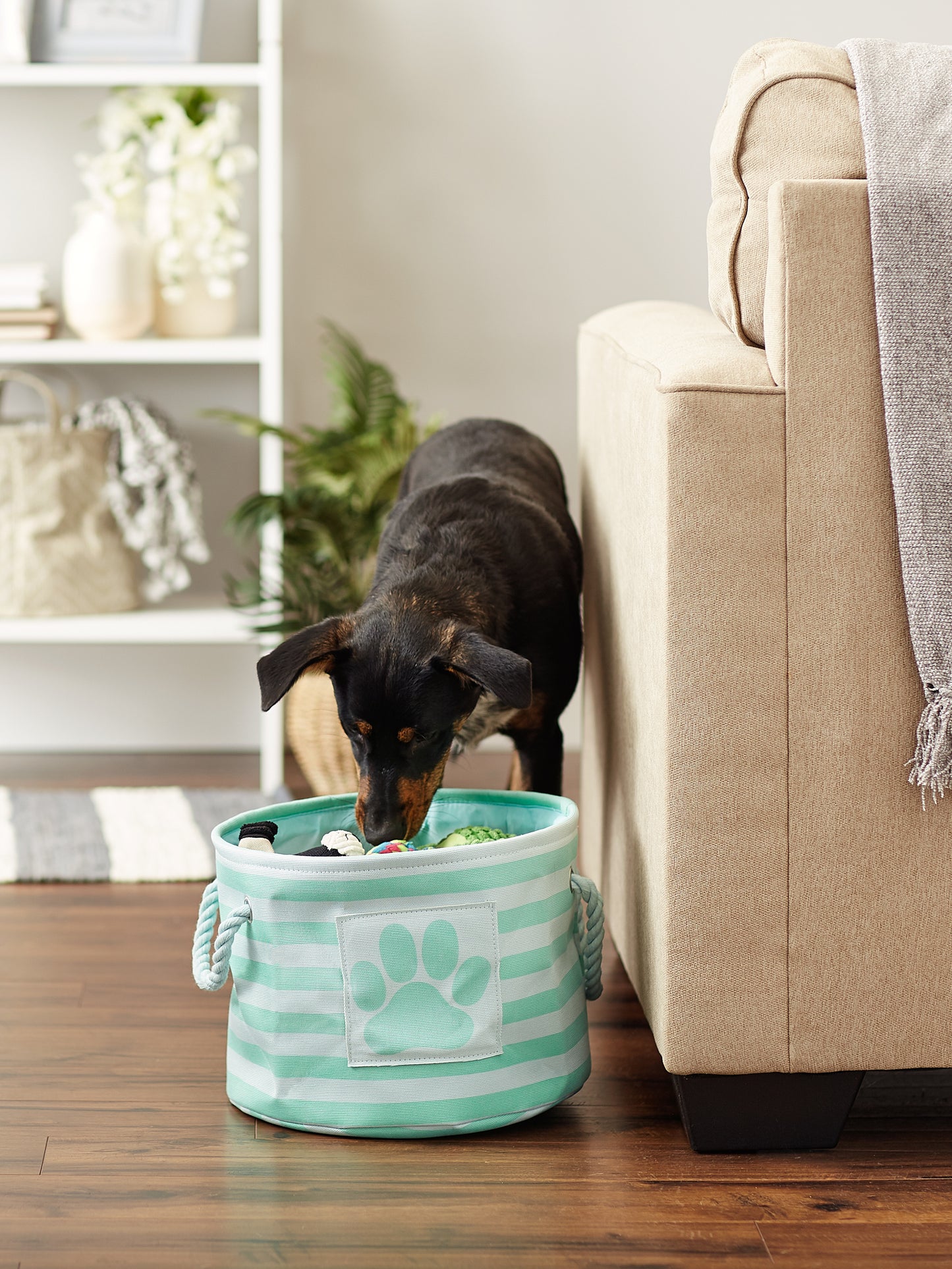 Polyester Pet Bin Stripe With Paw Patch Aqua Round Small 9X12X12