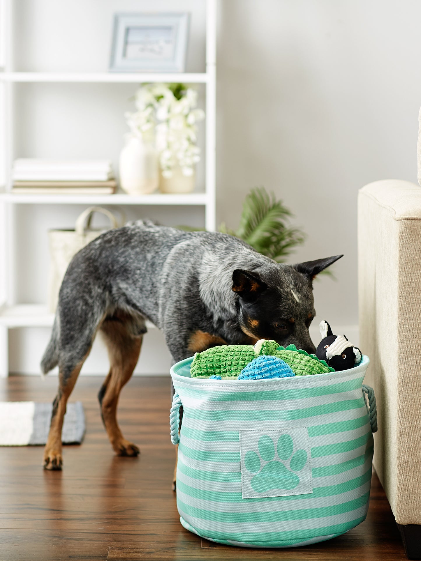 Polyester Pet Bin Stripe With Paw Patch Aqua Round Medium 12X15X15