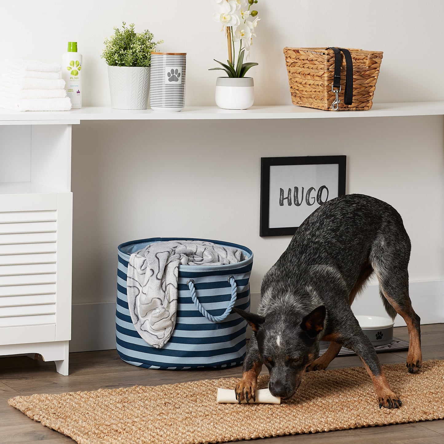 Bone Dry Pet Storage Bin, Striped Paw Patch, Dark Navy, Medium Round, 15x12"