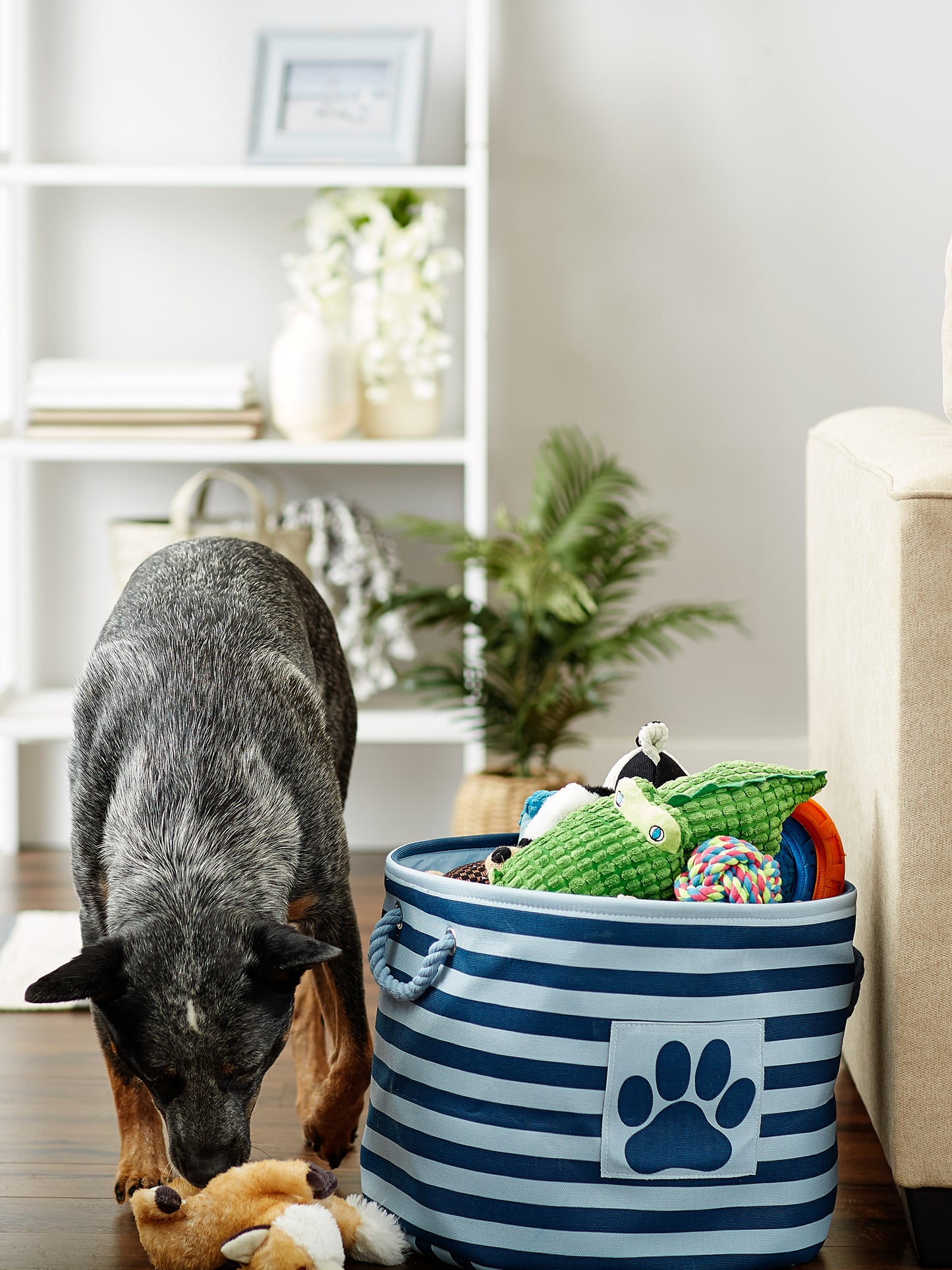 Bone Dry Pet Storage Bin, Striped Paw Patch, Dark Navy, Medium Round, 15x12"