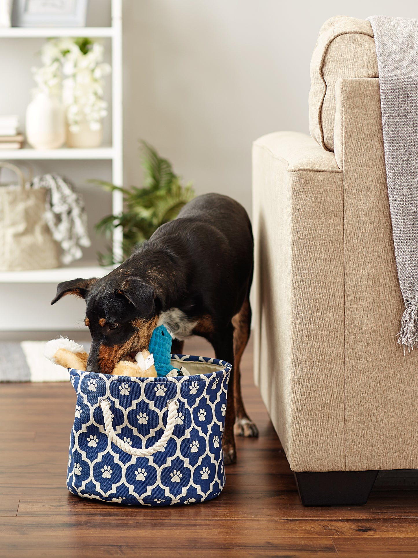 Bone Dry Pet Storage Bin, Lattice Paw Print, Nautical Blue, Small Round - 12x9"