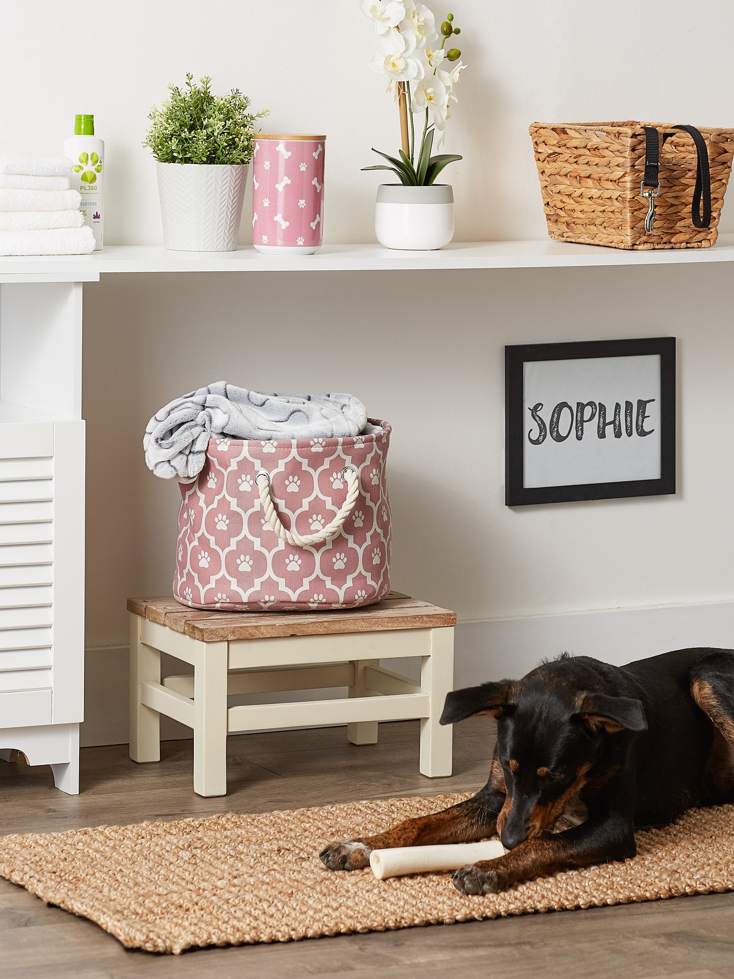 Bone Dry Pet Storage Bin, Lattice Paw Print, Rose, Small Round - 12x9"