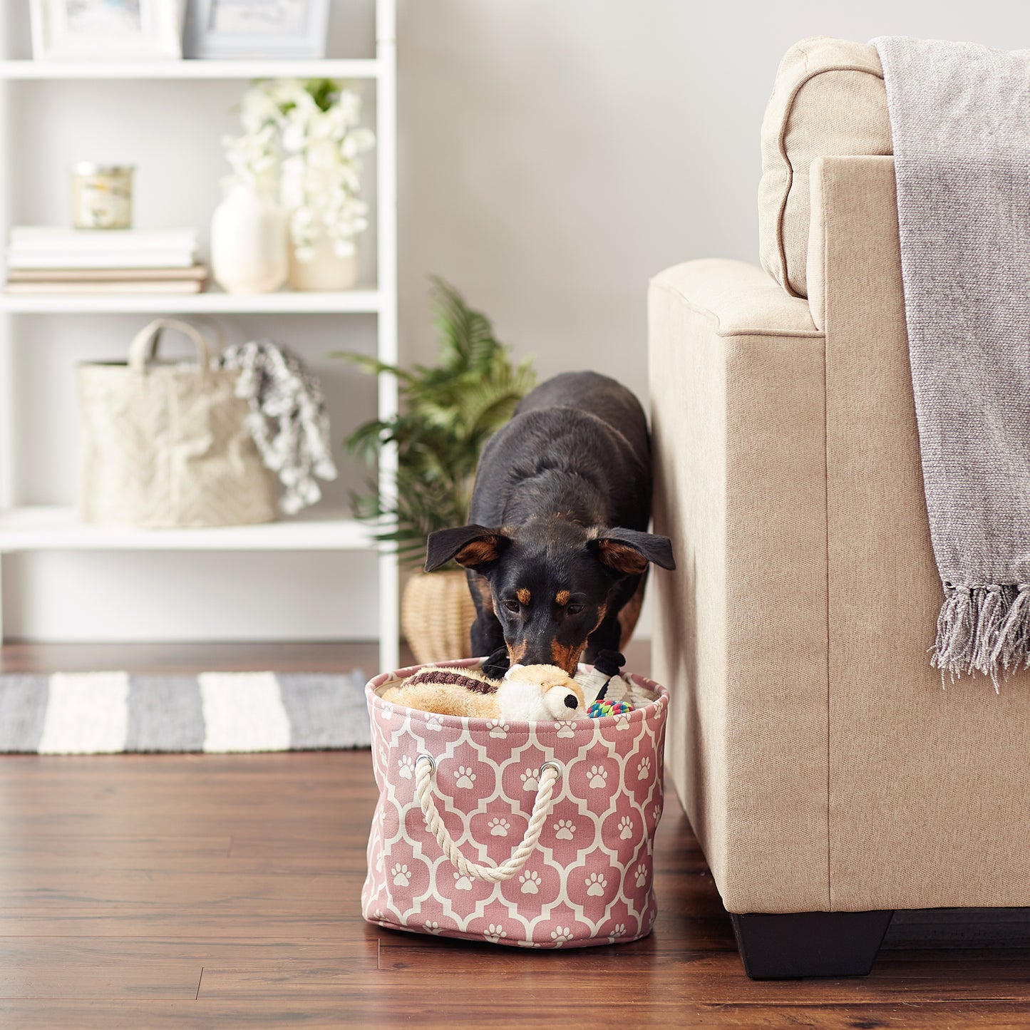 Bone Dry Pet Storage Bin, Lattice Paw Print, Rose, Small Round - 12x9"