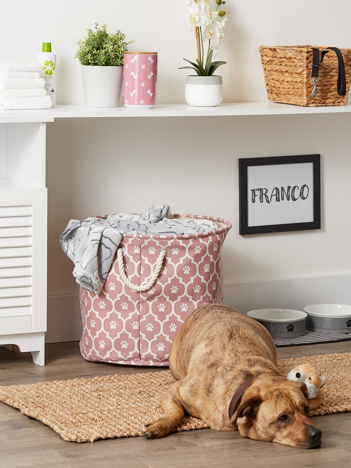 Polyester Pet Bin Lattice Paw Rose Round Large 15X18X18