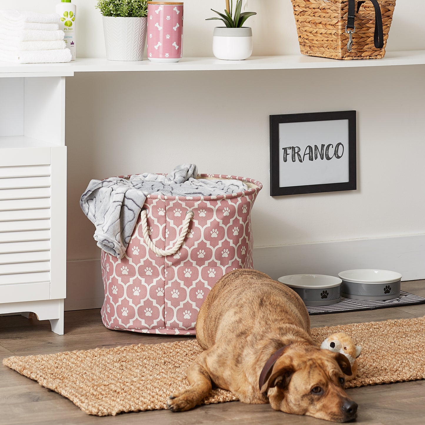 Polyester Pet Bin Lattice Paw Rose Round Large 15X18X18