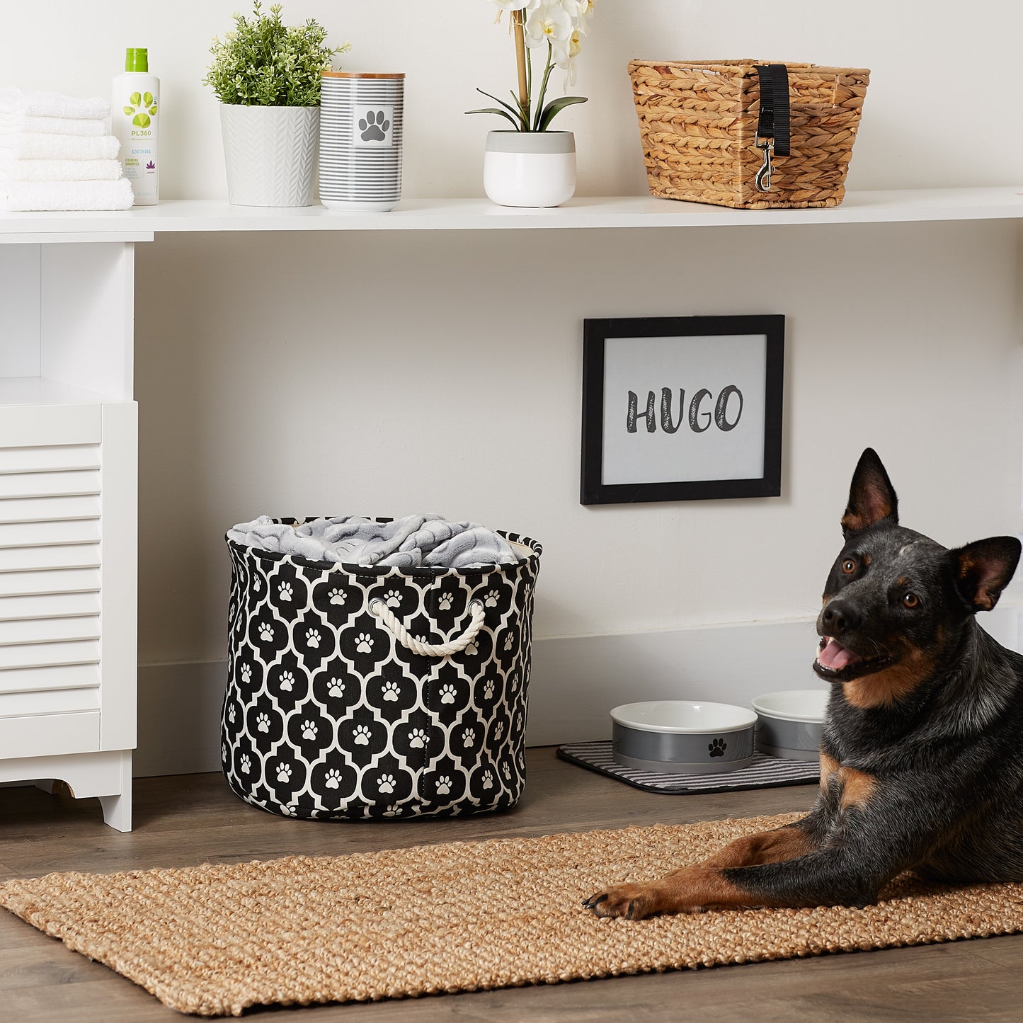 Bone Dry Pet Storage Bin, Lattice Paw Print, Black, Medium Round - 15x12"