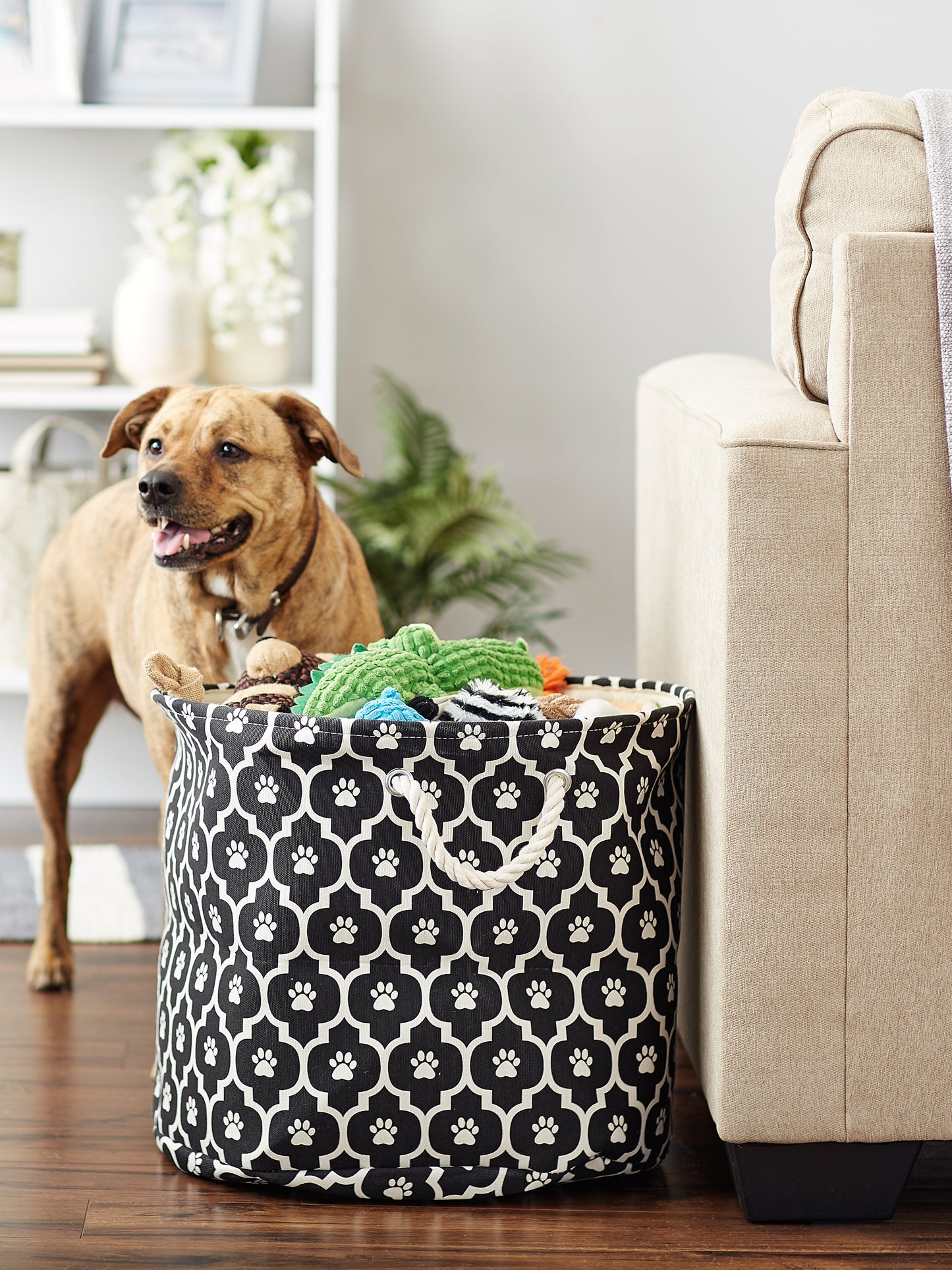 Polyester Pet Bin Lattice Paw Black Round Large 15X18X18