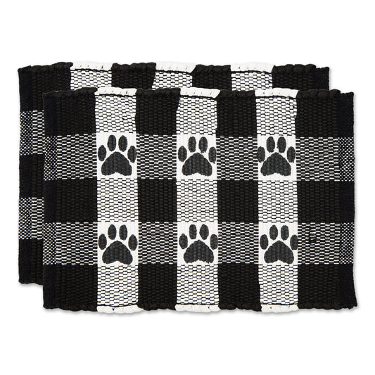 Black & White Printed Paw Pet Feeding Mat 12x18 Set of 2