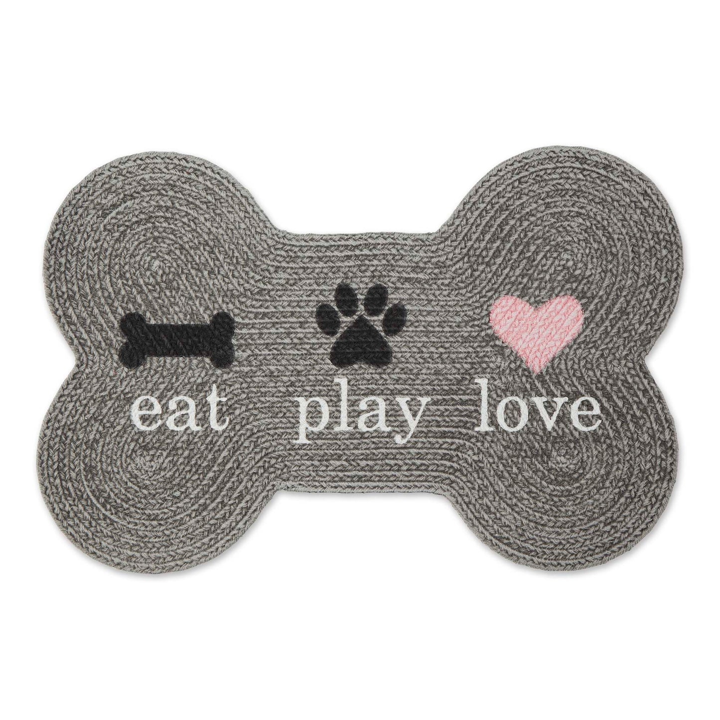 Gray Eat Play Love Bone Shaped Pet Mat 16X24