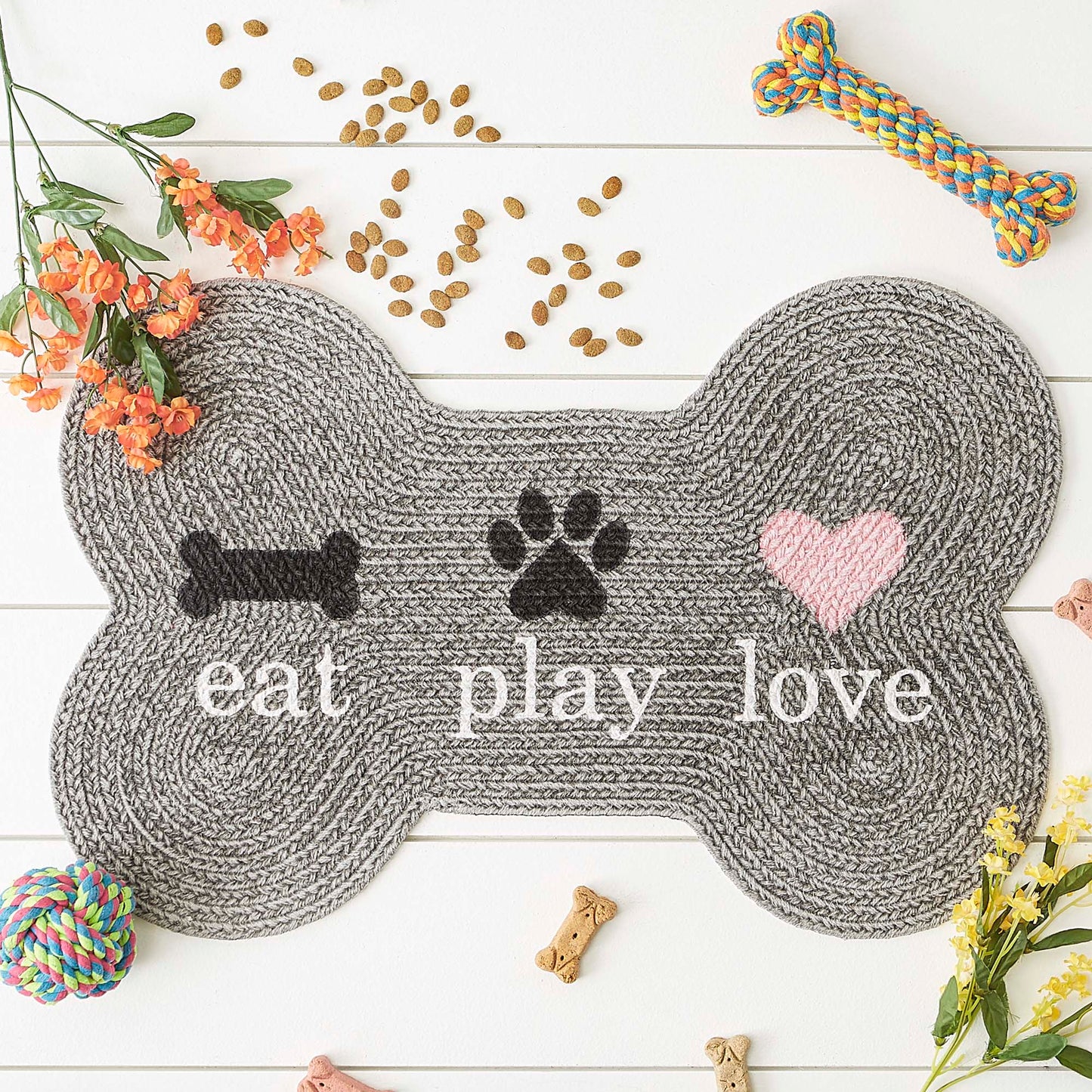 Gray Eat Play Love Bone Shaped Pet Mat 16X24