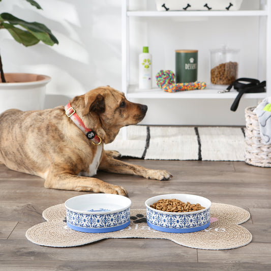 Blue Tile Pet Bowl Set of 2, Large 3.75 C. Capacity