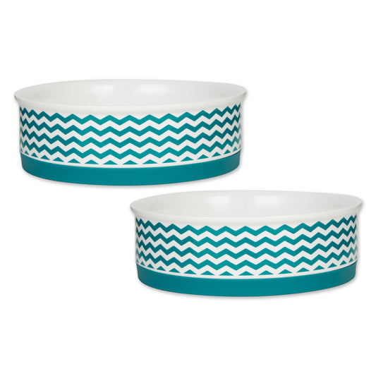 Teal Chevron Pet Bowl Set of 2, Large 3.75 C. Capacity