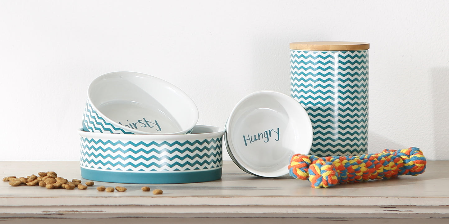 Pet Bowl Chevron Teal Large 7.5Dx2.4H Set of 2