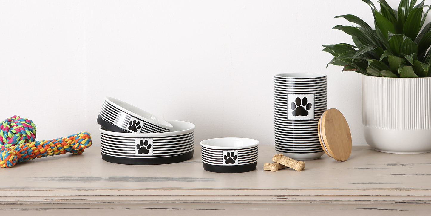 Black Striped Paw Patch Pet Bowl Set/2, Small - 3/4 C Capacity