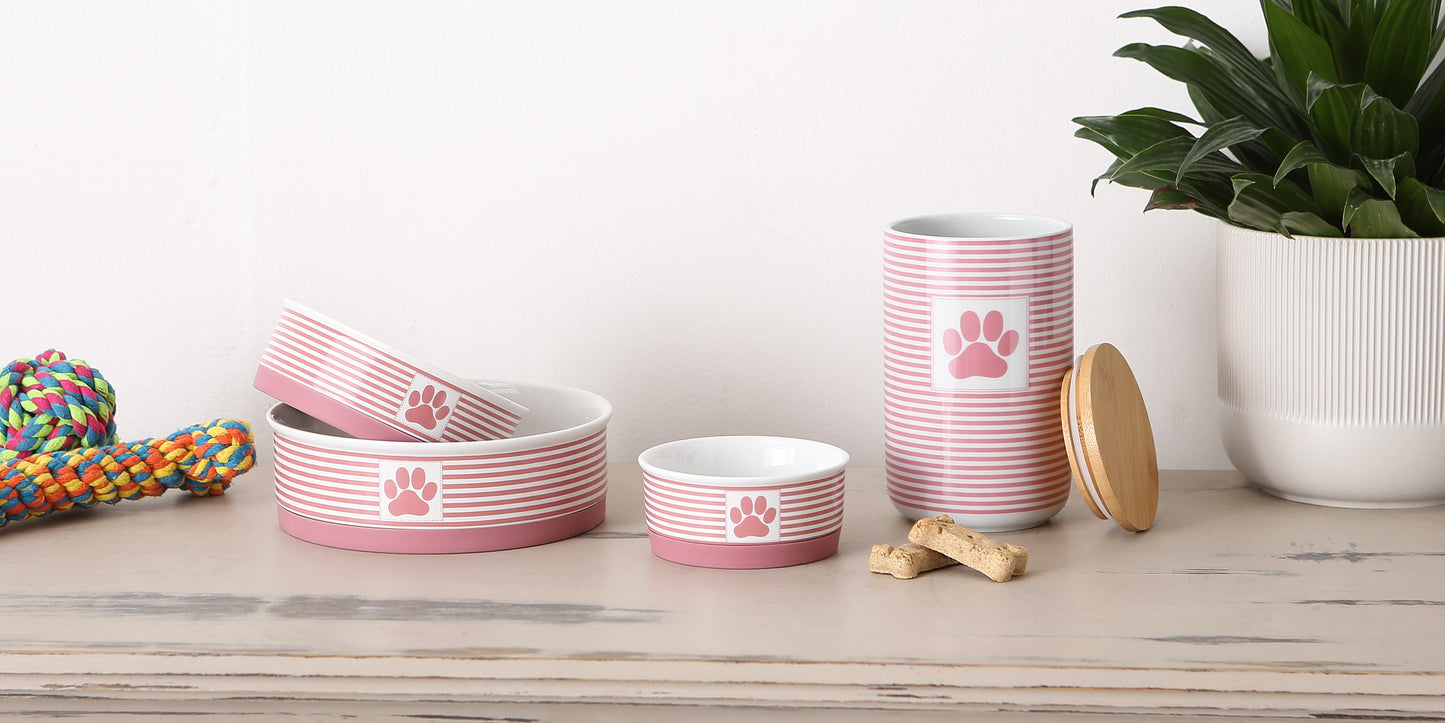 Rose Striped Paw Patch Pet Bowl Set/2, Small - 3/4 C Capacity