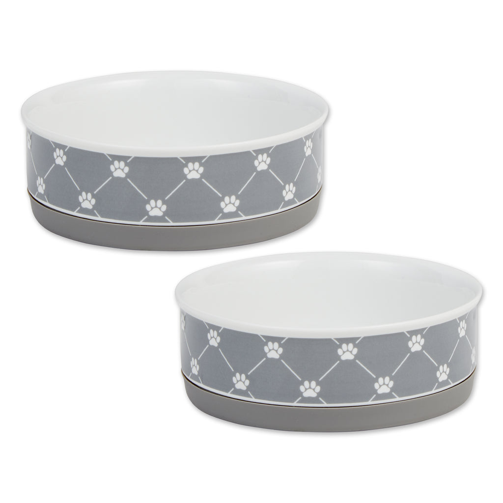 Pet Bowl Trellis Paw Gray Medium 6Dx2H (Set Of 2)