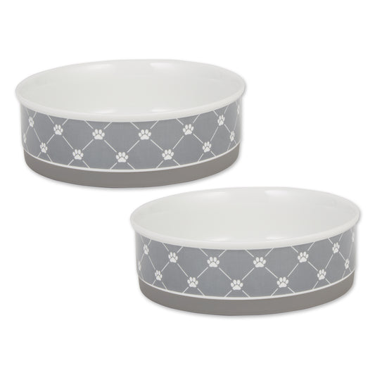 Gray Trellis Paw Print Pet Bowl Set/2, Large 3.75 C. Capacity