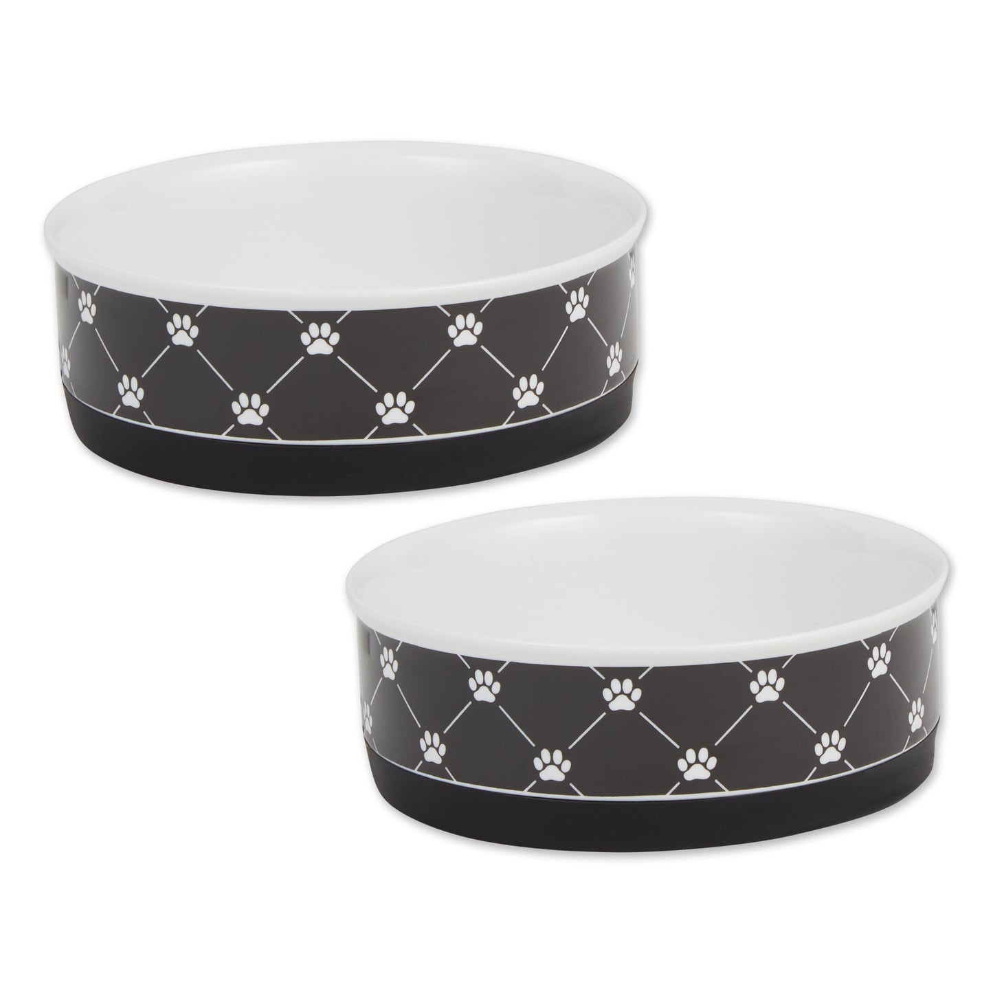 Black Trellis Paw Print Pet Bowl Set/2, Medium - 1.5 C. Capacity