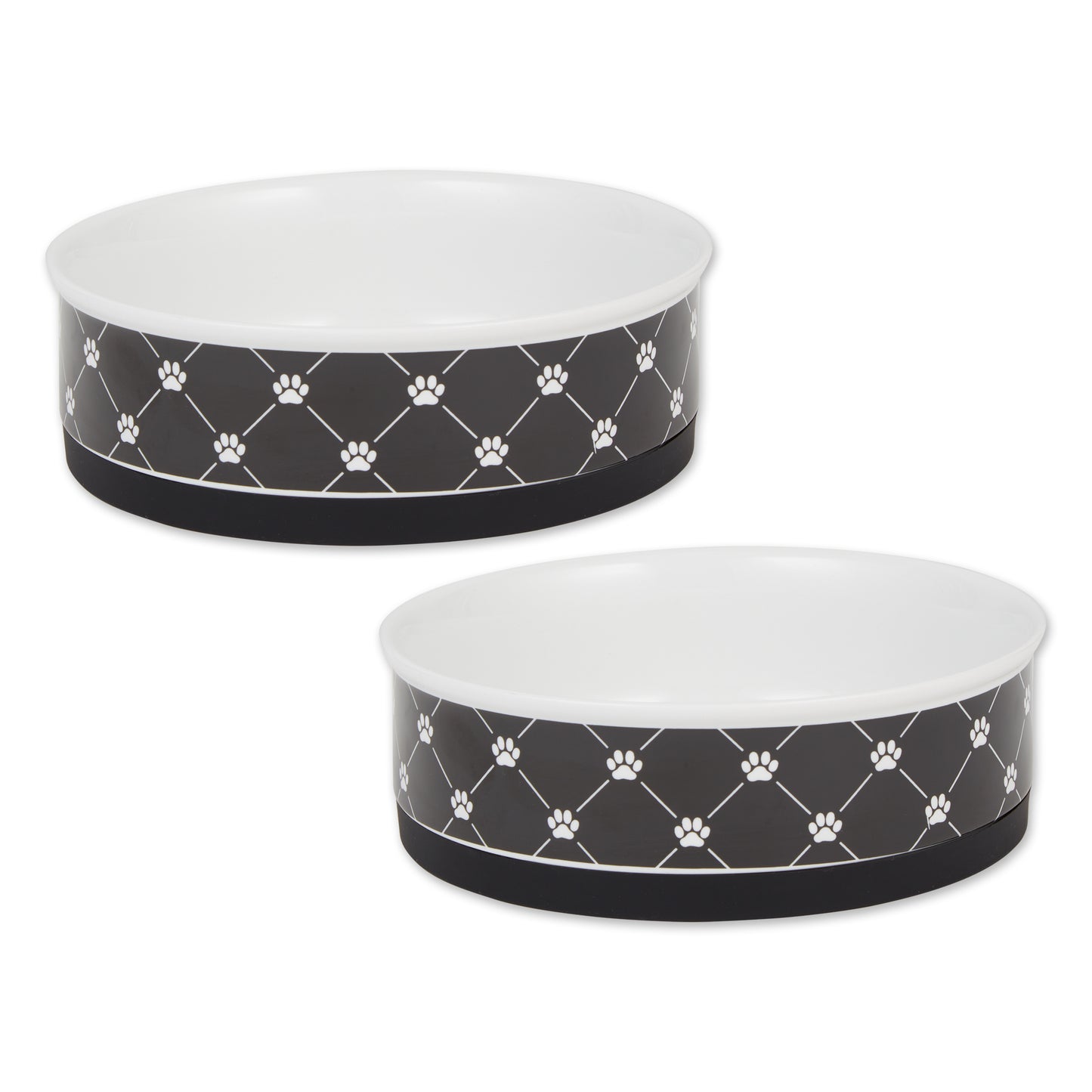 Black Trellis Paw Print Pet Bowl Set/2, Large 3.75 C. Capacity