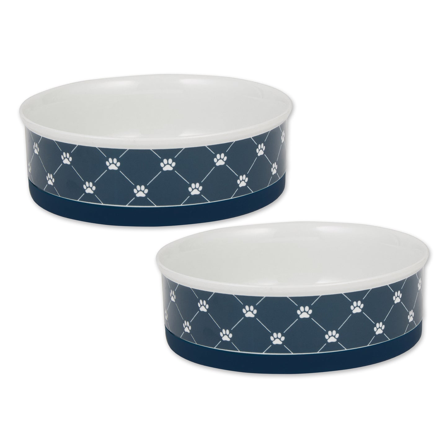 Navy Trellis Paw Print Pet Bowl Set/2, Large 3.75 C. Capacity