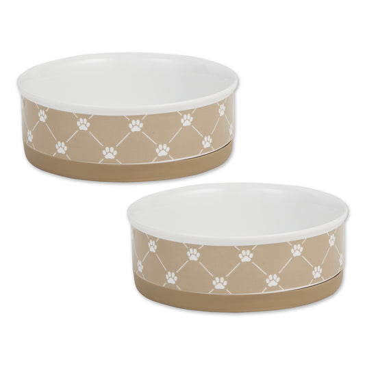 Taupe Trellis Paw Print Pet Bowl Set/2, Medium - 1.5 C. Capacity