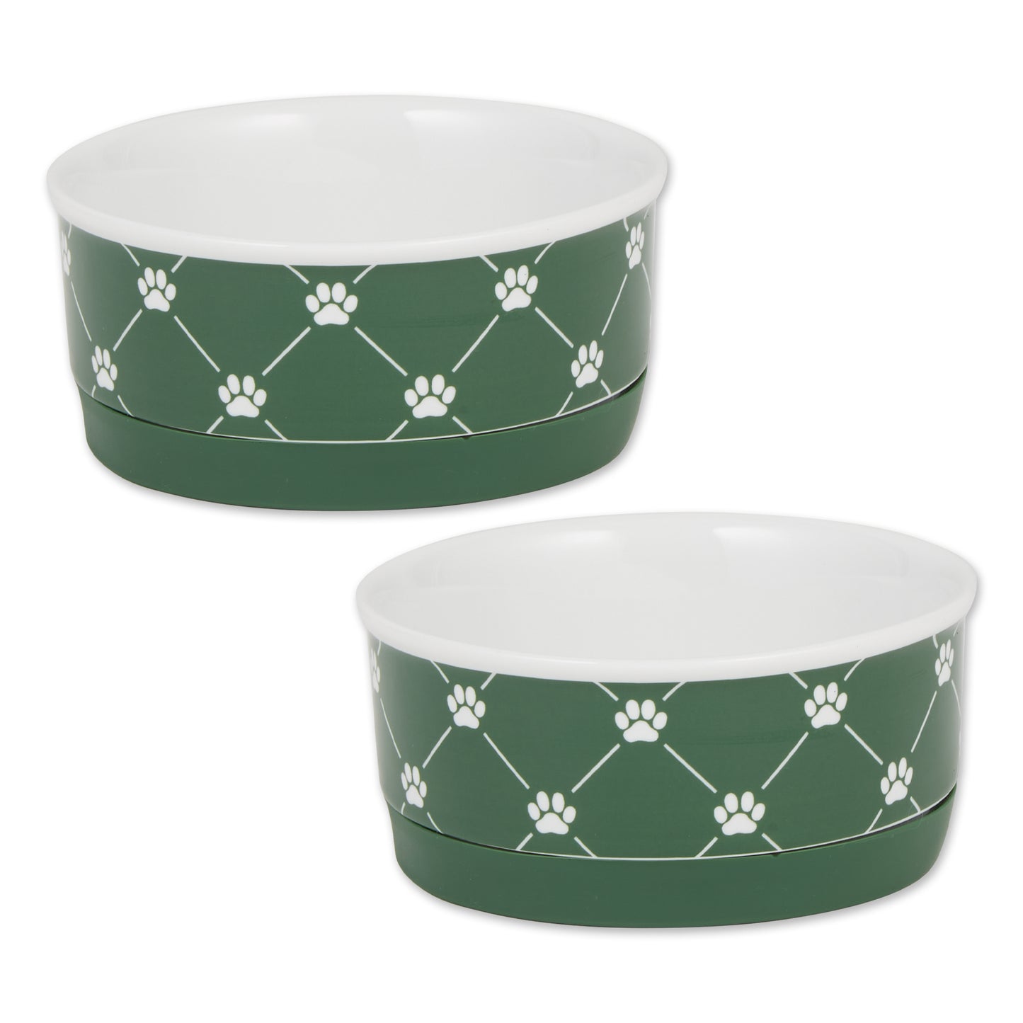 Hunter Green Trellis Paw Print Pet Bowl Set/2, Small - 3/4 C Capacity