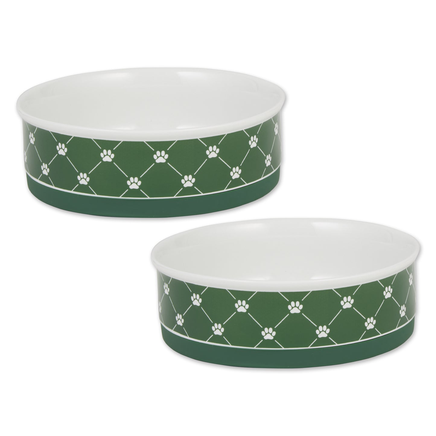 Hunter Green Trellis Paw Print Pet Bowl Set/2, Large 3.75 C. Capacity