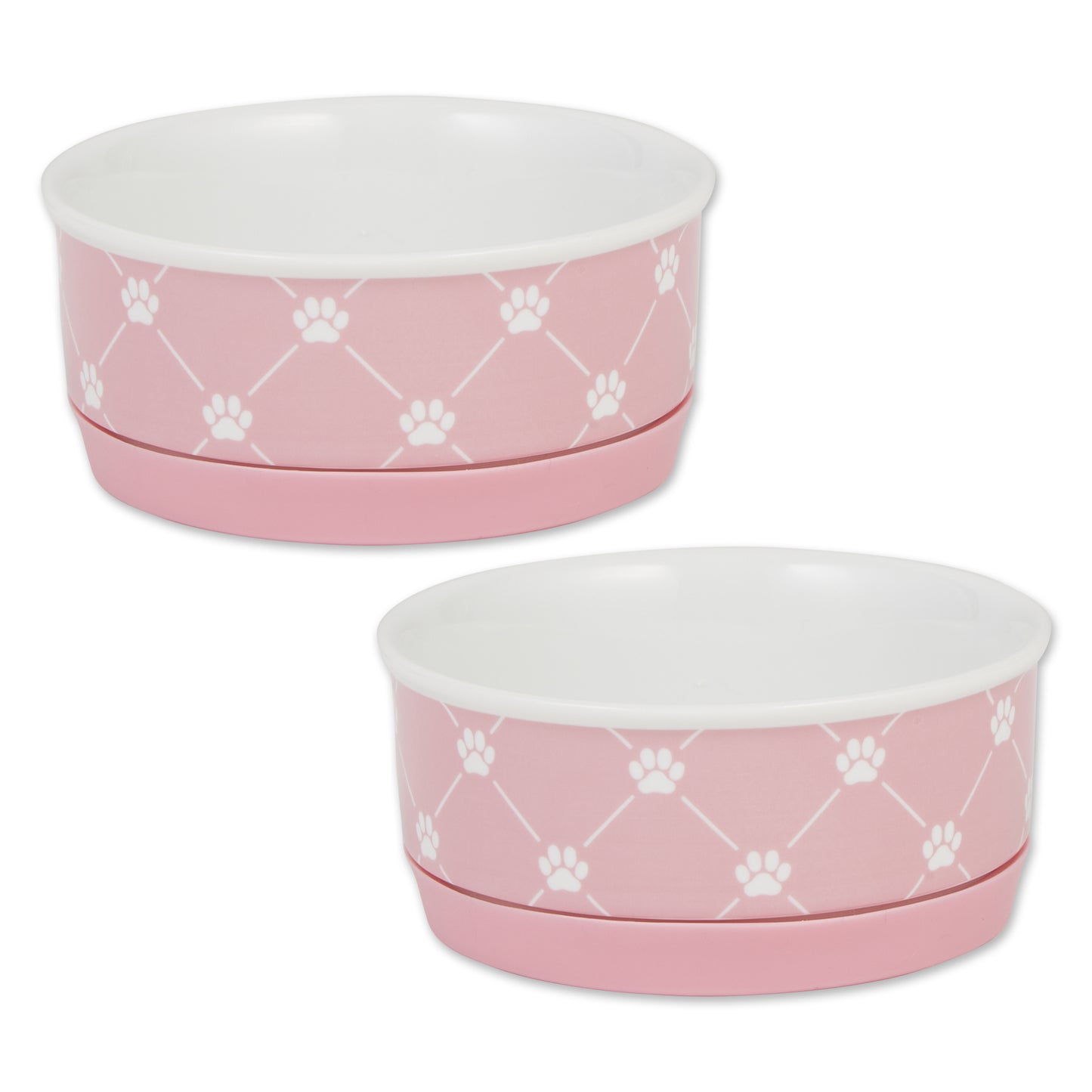 Bubble Gum Pink Blue Trellis Paw Print Pet Bowl Set/2, Small - 3/4 C Capacity