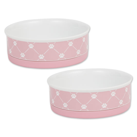 Bubblegum Trellis Paw Print Pet Bowl Set/2, Medium - 1.5 C. Capacity