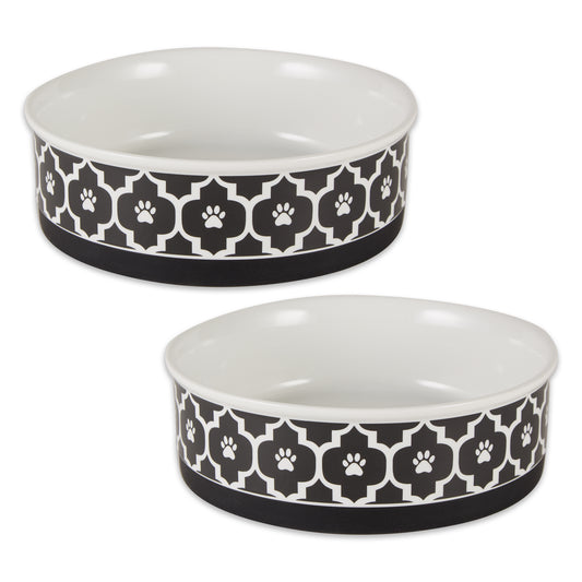 Black Lattice Paw Print Pet Bowl Set of 2, Large 3.75 C. Capacity