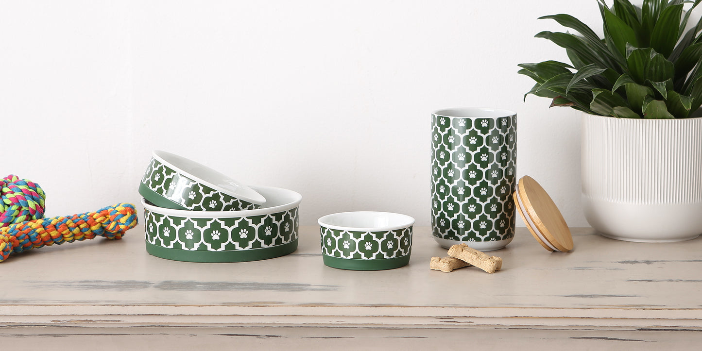 Hunter Green Lattice Paw Print Pet Bowl Set/2, Large 3.75 C. Capacity